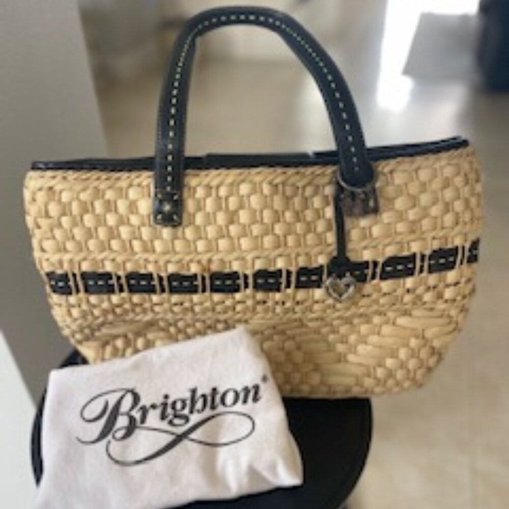 Brighten Woven Straw Bag, Black Leather Trim, handles, and floral lining.